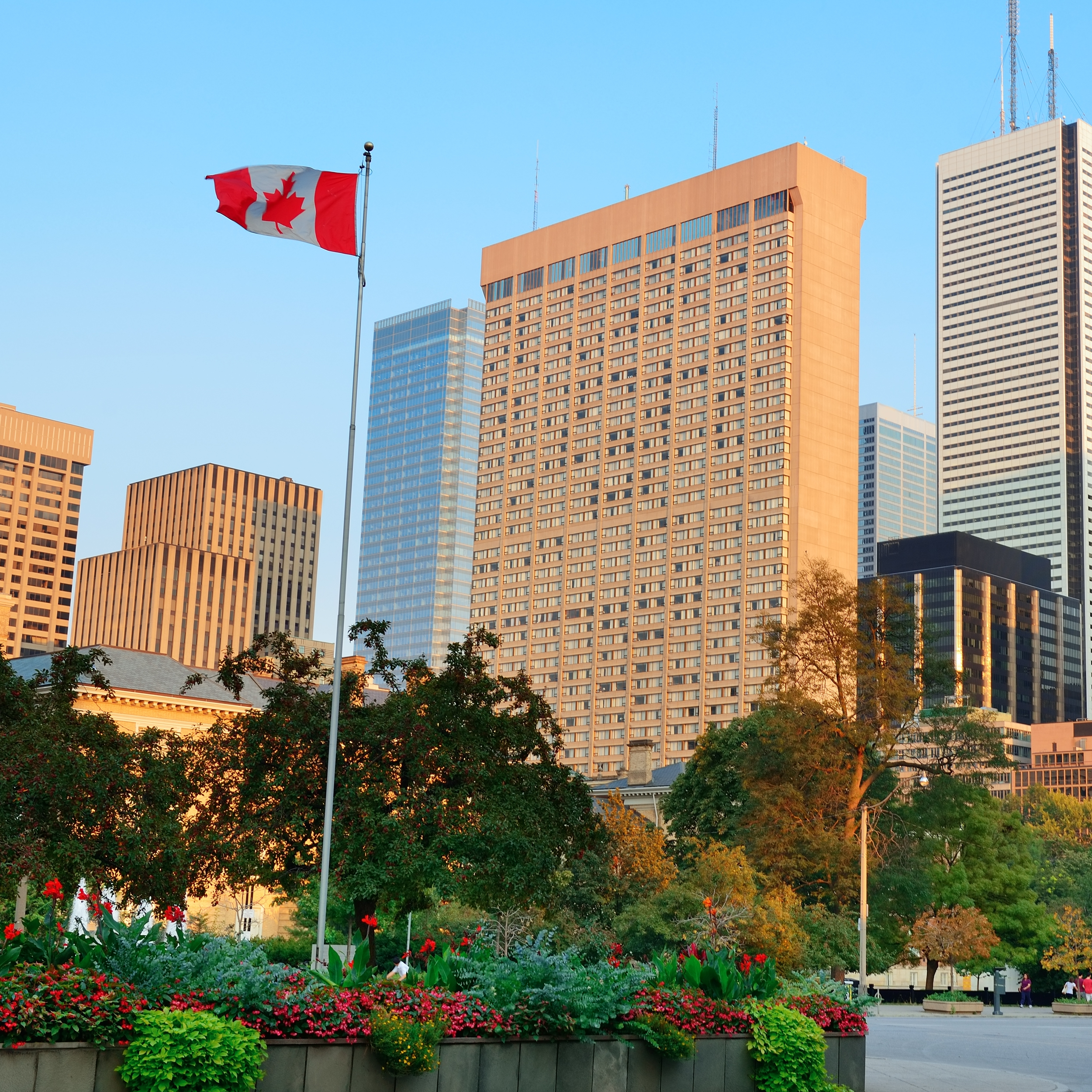 Toronto street view at dusk with urban buildings